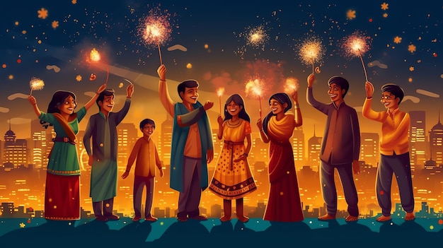 Szczęśliwa indyjska rodzina świętuje festiwal Diwali Generative Ai
