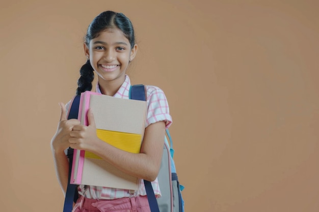 Szczęśliwa indyjska uczennica w mundurze z książkami i torbą.