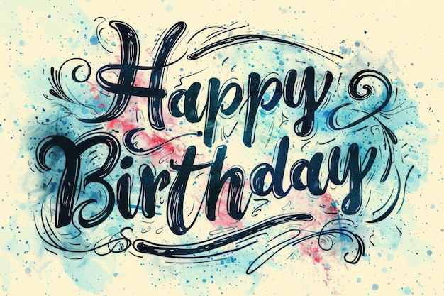 Szczęśliwa kaligrafia urodzinowa z akwarelami i kropelami atramentu w niebieskim i czerwonym