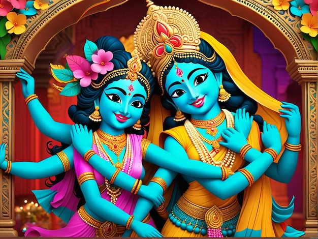 Szczęśliwa karta dol jatra 3d Ilustracja z postaciami Krishna i Radha