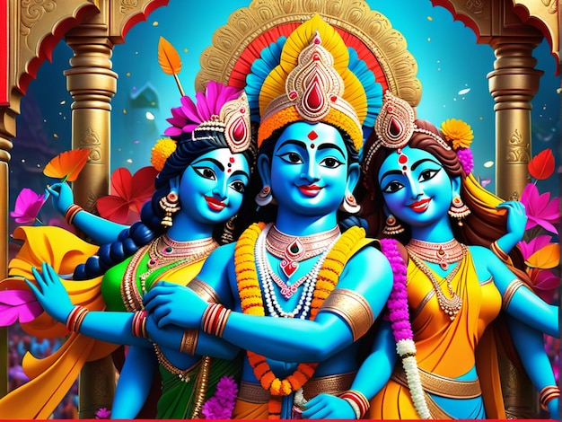 Szczęśliwa karta dol jatra 3d Ilustracja z postaciami Krishna i Radha