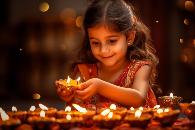 Szczęśliwa kartka powitalna Diwali przedstawiająca indyjską piękną dziewczynę trzymającą lampę olejową z dyją lub terakotą