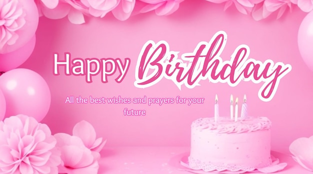 Szczęśliwa kartka urodzinowa z ciastem i kwiatami na różowym tle