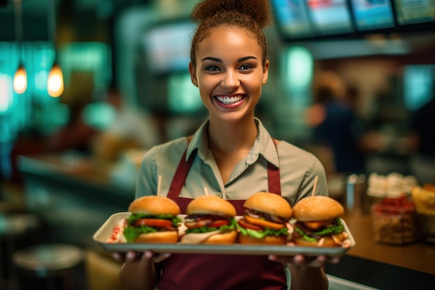 Szczęśliwa kelnerka trzymająca hamburgery w restauracji