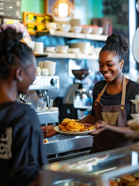 Szczęśliwa Kobieta Barista I Obsługa Klienta W Kawiarni Za Płatność Za Usługę Lub Zamówienie Na C Generatywna Sztuczna Inteligencja