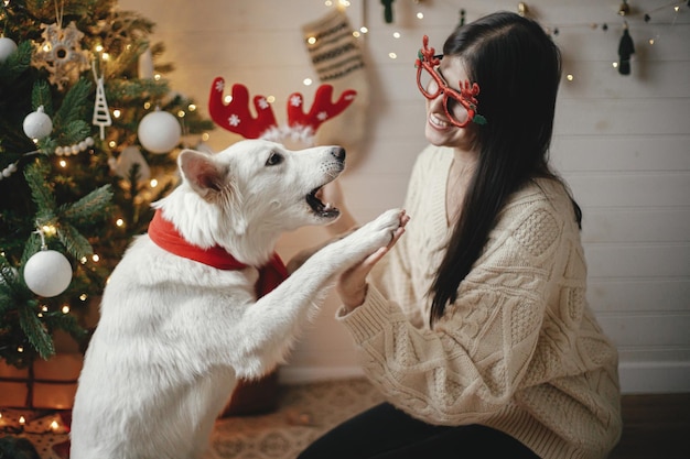 Szczęśliwa kobieta bawiąca się uroczym psem pod choinką w świątecznym pokoju Wesołych Świąt
