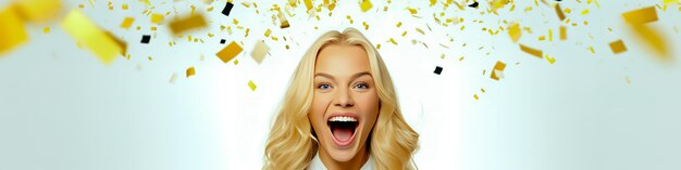 Zdjęcie szczęśliwa kobieta biznesowa świętująca nowy rok na białym tle z banerem copyspace