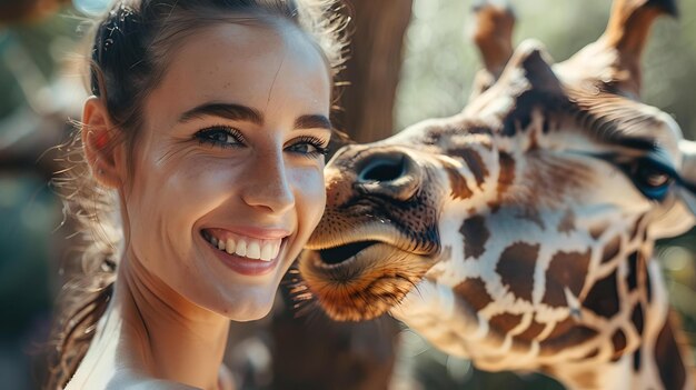 Zdjęcie szczęśliwa kobieta cieszy się bliskim spotkaniem z żyrafą w naturalnym otoczeniu interakcja dzikiej przyrody natchniona przez naturę radość i przygoda ai