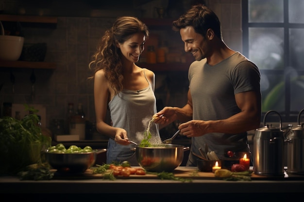 Szczęśliwa kobieta i mężczyzna gotują i przygotowują jedzenie w kuchni za pomocą generatywnej sztucznej inteligencji