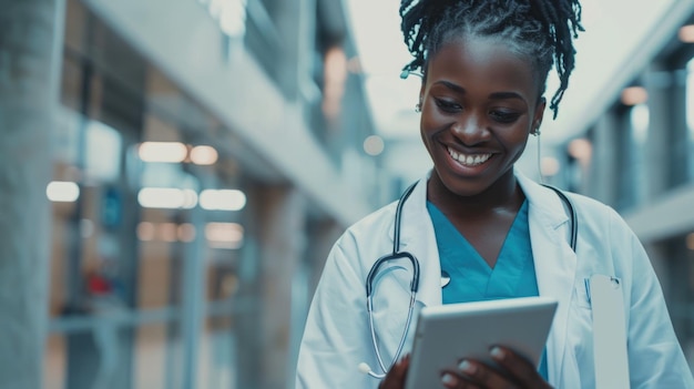 Szczęśliwa kobieta lekarz używająca cyfrowego tabletu w szpitalu czarna pielęgniarka badająca online w klinice