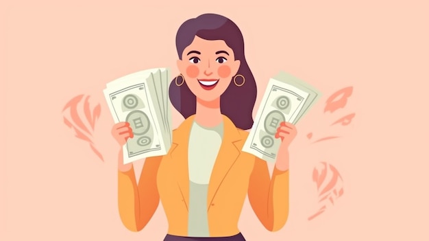 Szczęśliwa kobieta licząca pieniądze trzymająca gotówkę w dłoniach, ciesząca się korzyściami finansowymi Generative AI