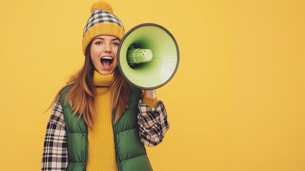 Zdjęcie szczęśliwa kobieta megafon i głośnik w reklamie lub marketingu na żółtym tle studia