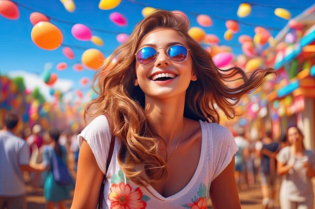Szczęśliwa kobieta na letnim słonecznym festiwalu na świeżym powietrzu jest szczęśliwa i uśmiechnięta na tle balonów i kwiatów wygenerowanych przez sztuczną inteligencję