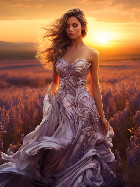 Szczęśliwa kobieta na polu lawendowym z sukienką na polu lawandowym latem o zachodzie słońca