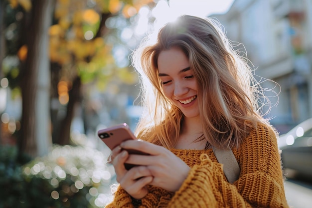 Zdjęcie szczęśliwa kobieta odpowiadająca na rozmowę przez telefon komórkowy na ulicy.