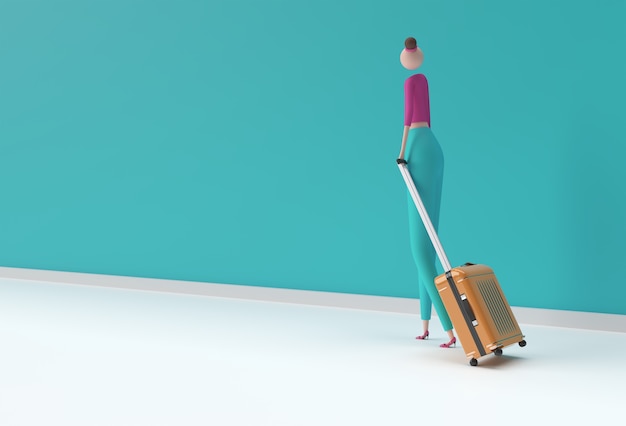 Szczęśliwa kobieta podróżnik spaceru z walizką 3d renderowania.