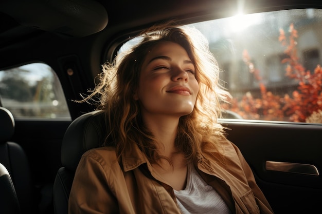 Szczęśliwa kobieta podróżuje latem samochodem na wakacjach Generacyjna AI