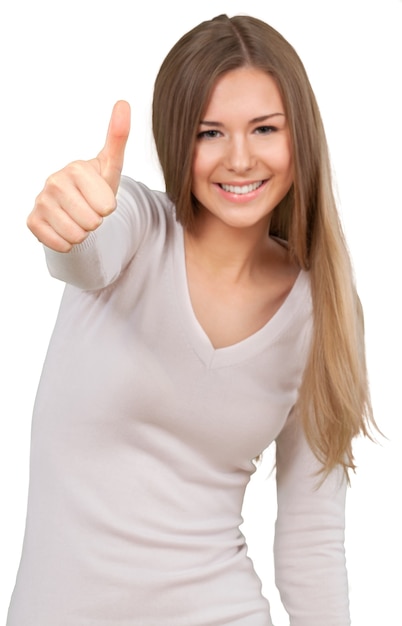 Szczęśliwa kobieta pokazując kciuk do góry na białym tle