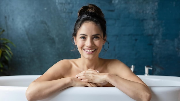 Szczęśliwa kobieta pozująca i uśmiechnięta po kąpieli