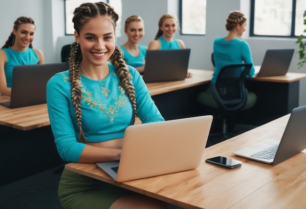 Szczęśliwa kobieta pracująca na laptopie w biurze w energicznym i produktywnym środowisku zawodowym