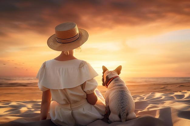 Szczęśliwa kobieta przyjaźni i jej pies buldog oglądają zachód słońca na plaży AI Generative