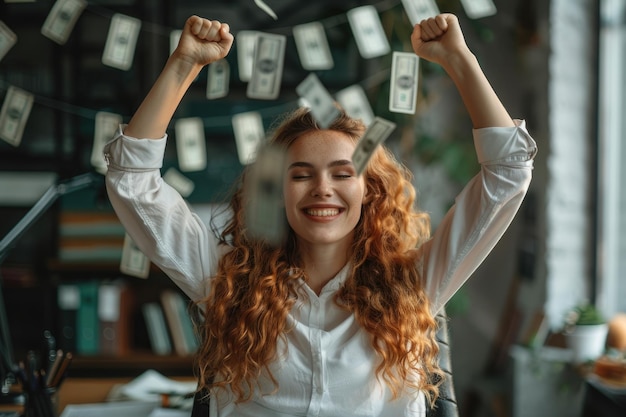Zdjęcie szczęśliwa kobieta rase ręce w górę zwycięstwo i sukces dolary pieniądze latają w powietrzu w pobliżu