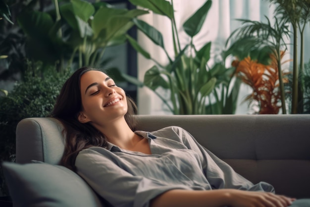 Szczęśliwa kobieta relaksująca się na kanapie w domu Uśmiechnięta dziewczyna ciesząca się wolnym dniem leżąc na kanapie
