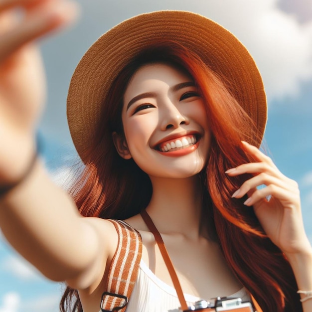 Szczęśliwa kobieta robiąca selfie z niebem na tle