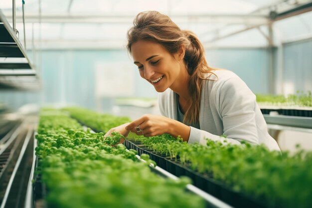 Szczęśliwa kobieta rolnik uprawiająca mikrozielone na farmie mikrozielonych
