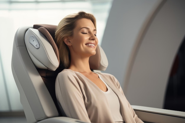 Szczęśliwa kobieta siedząca na fotelu masującym z zamkniętymi oczami korzysta z relaksującego masażu