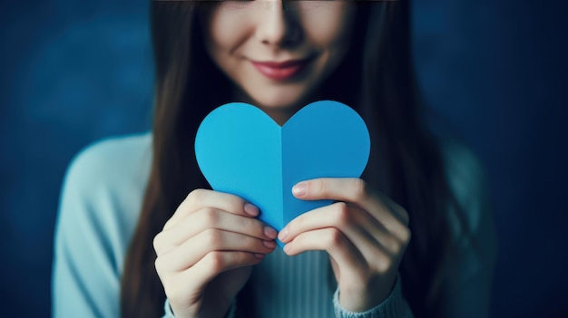 Szczęśliwa kobieta trzymająca niebieskie papierowe serce odizolowane na ładnym tle