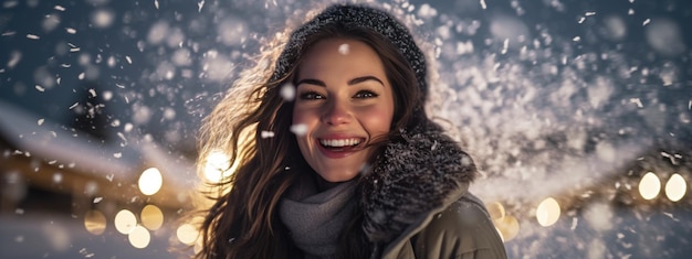 Szczęśliwa kobieta uśmiecha się w opadach śniegu na zewnątrz