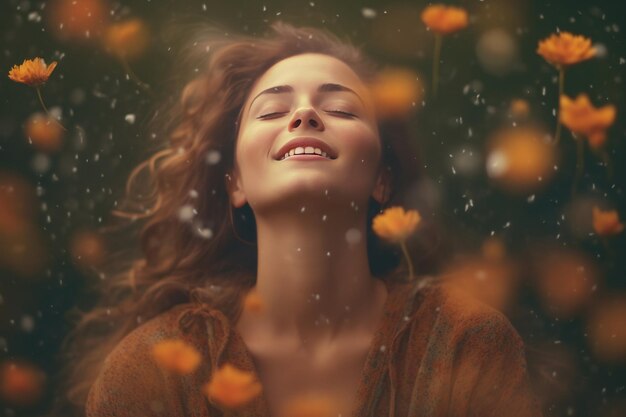 Szczęśliwa kobieta w kwiatach Radosna dziewczyna wśród kwiatów Emocjonalnie płynące włosy i uśmiech