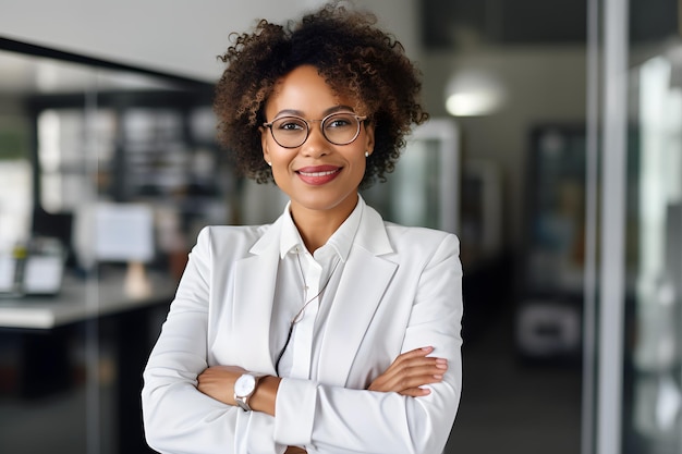 Szczęśliwa kobieta w średnim wieku biznesu afro dyrektor generalny stojąca w ramionach pakietu office skrzyżowane Uśmiechnięta dojrzała pewność