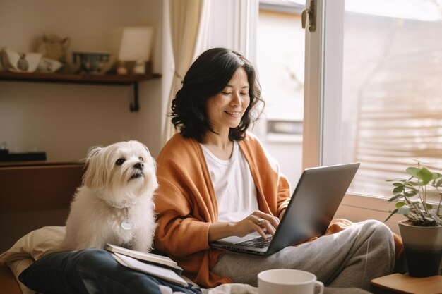Szczęśliwa kobieta w średnim wieku korzystająca z laptopa z psem w przytulnym domu