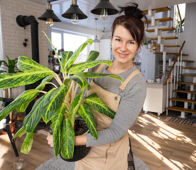 Szczęśliwa kobieta w zielonym domu z rośliną doniczkową w dłoniach uśmiecha się opiekuje się kwiatem Wnętrze przytulnego ekologicznego domu piec kominkowy hobby do uprawy i hodowli roślin domowych