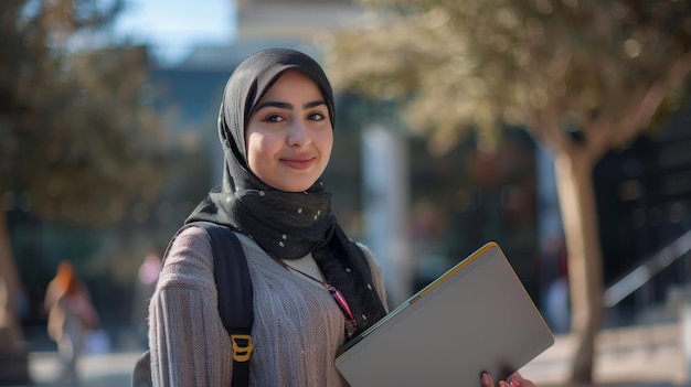 Zdjęcie szczęśliwa kobieta z bliskiego wschodu idąca po mieście po zajęciach uniwersyteckich, patrząca w inną stronę i uśmiechnięta, szczęśliwa arabska studentka stojąca na zewnątrz ze smartfonem i podręcznikami.