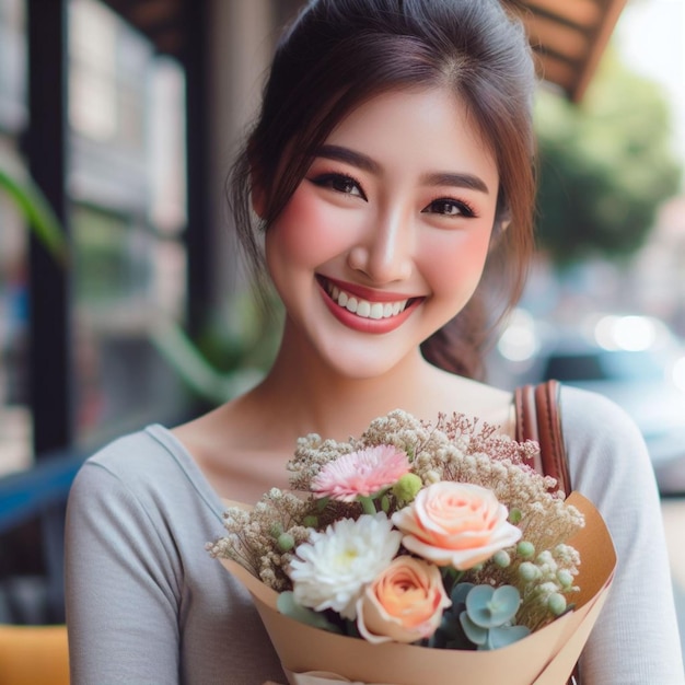 Szczęśliwa kobieta z bukietem kwiatów