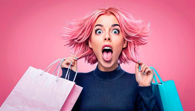 Zdjęcie szczęśliwa kobieta z torbami na zakupy po zakupach kobieta z zakupami w różowym