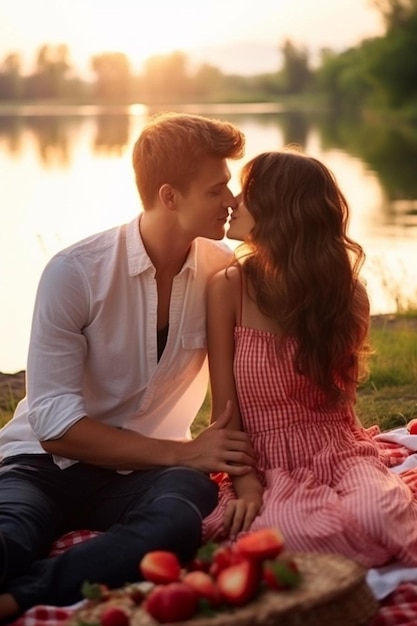 szczęśliwa kochająca para całuje się i ma randkę na świeżym powietrzu młoda para na letnim pikniku z arbuzem