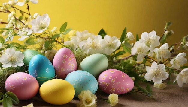 Szczęśliwa kompozycja wielkanocna kolorowe jajka wśród wiosennych kwiatów na żółtym tle