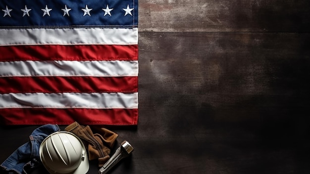 Zdjęcie szczęśliwa koncepcja święta pracy flaga amerykańska z różnymi narzędziami budowlanymi na ciemnym tle drewnianych