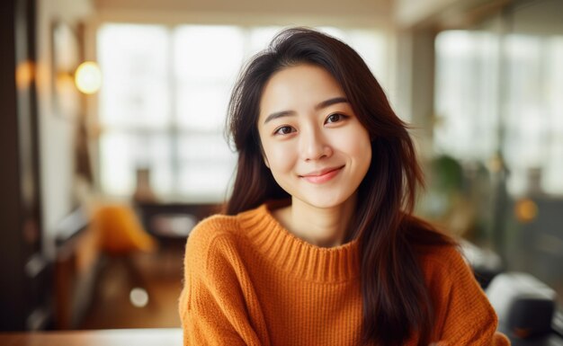 Szczęśliwa koreańska młoda kobieta relaksuje w domu