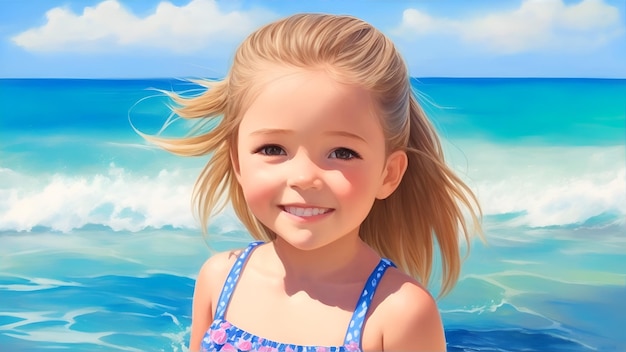 Szczęśliwa mała dziewczynka z wesołym uśmiechem nad morzem Odpoczynek nad morzem Generacja AI