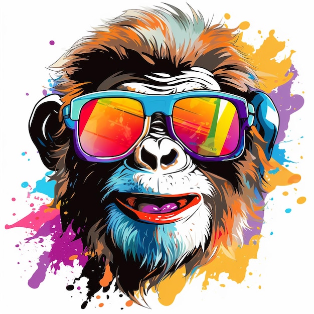 Szczęśliwa małpa w okularach przeciwsłonecznych w stylu wektorowym na białym tle
