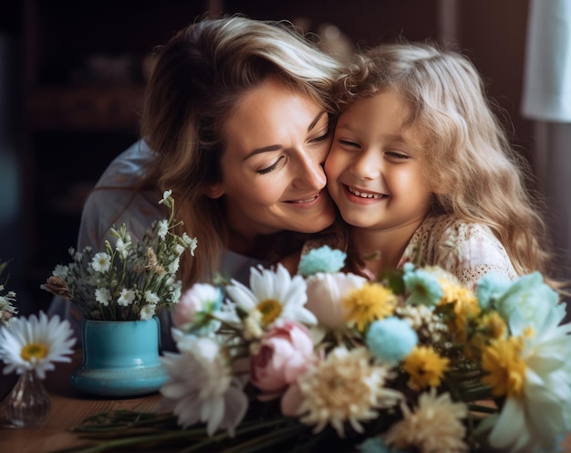 Szczęśliwa mama i córka dzielą się kwiatami na kanapie w domu.