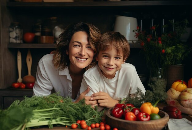 Szczęśliwa matka i syn gotują razem w kuchni w domu.
