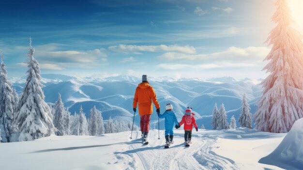 Szczęśliwa matka z dwójką dzieci spaceruje wzdłuż pokrytych śniegiem gór z pięknym krajobrazem na nartach