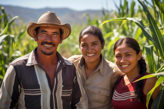 Zdjęcie szczęśliwa meksykańska rodzina rolników na plantacji kukurydzy podczas zbiorów