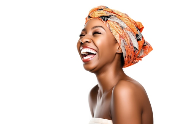 Szczęśliwa młoda afrykańska kobieta śmiejąca się i odizolowana na biało, stworzona za pomocą generatywnej ai